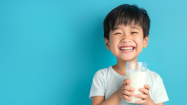 A happy little kid drink milk from glass