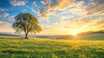 Fototapeta premium Solitary Tree in a Meadow at Sunset
