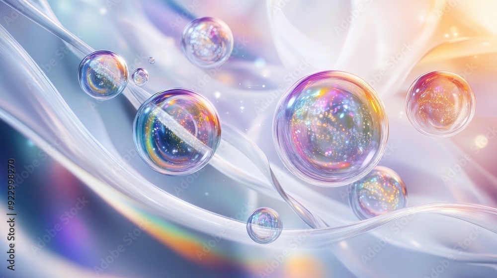 Poster colorful 3d bubbles floating on swirling white lines, creating a dynamic and visually captivating ef