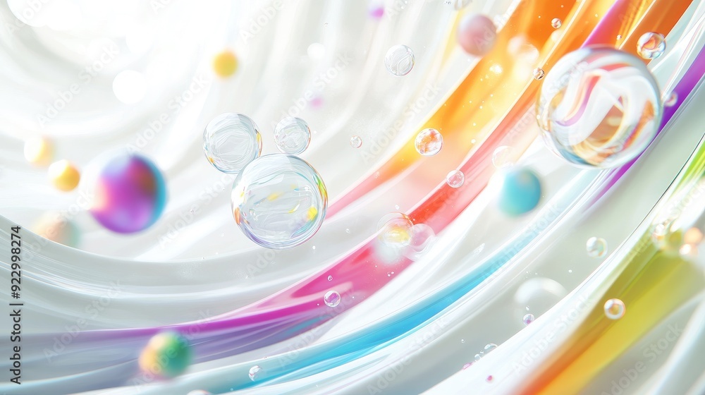 Poster colorful 3d bubbles floating on swirling white lines, creating a dynamic and visually captivating ef
