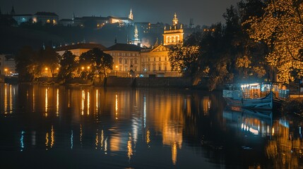 Fototapeta premium Nighttime View of a City with a River and Buildings Reflecting in the Water