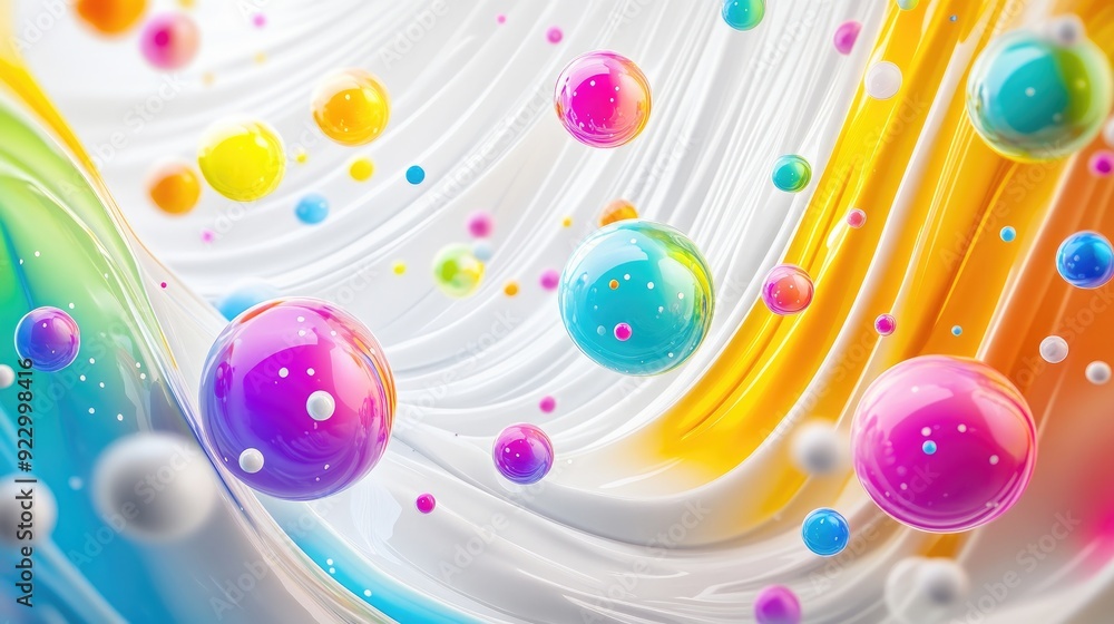 Poster colorful 3d bubbles floating on swirling white lines, creating a vibrant and dynamic visual experien