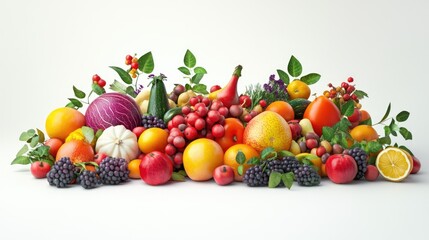 Colorful 3D composition of assorted fruits and vegetables with a floral watermark, isolated on white