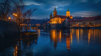 Obraz premium Illuminated Church and Boat on a River at Dusk