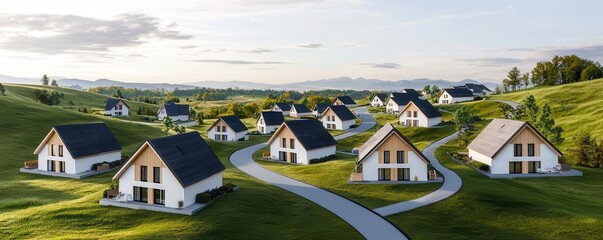 A drone view of a sustainable village with homes made from renewable biomaterials, showing integration with the natural environment, photo-realistic, eco-friendly community design
