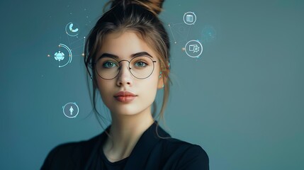 Portrait of a Woman with a Futuristic Technology interface over her head representing the integration of technology and human potential.