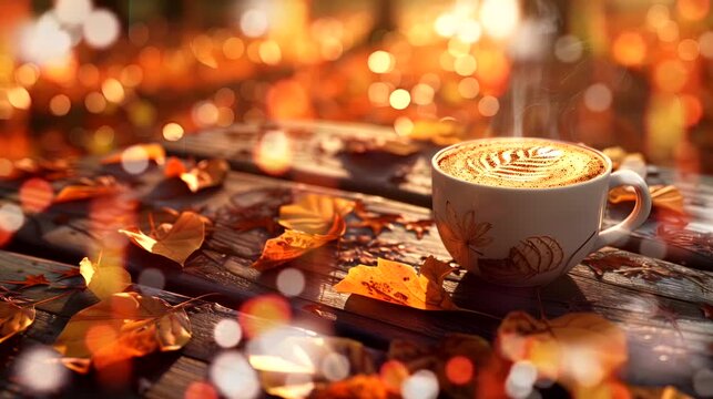 A mug of spiced latte with autumn background. Looping 4k video animation background