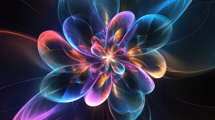 Colorful digital flower in fractal patterns, glowing with iridescent hues, symbolizing the beauty of mathematics