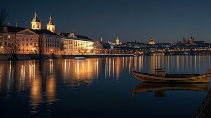 Obraz premium Nighttime View of Prague with a Boat on the Vltava River