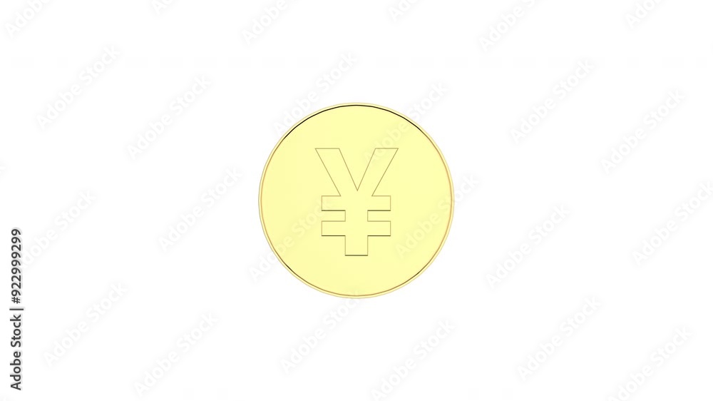 Poster 3d animation of shiny golden japanese and chinese yuan coin spinning and rotating 360 degrees isolat