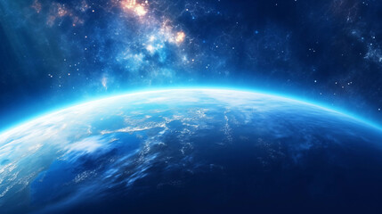 Fototapeta premium Luminous Earth against a dark blue space background with realistic lighting, highlighting global political and social commentary.