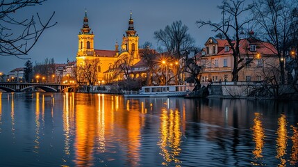 Fototapeta premium Illuminated Church Towers Reflected in a River at Dusk