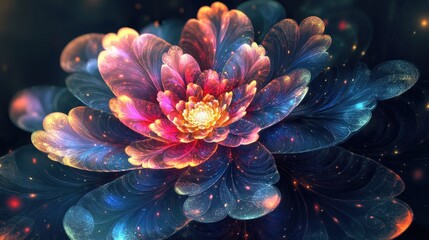 Colorful digital flower with fractal patterns, glowing in iridescent hues, symbolizing the elegance of mathematical art
