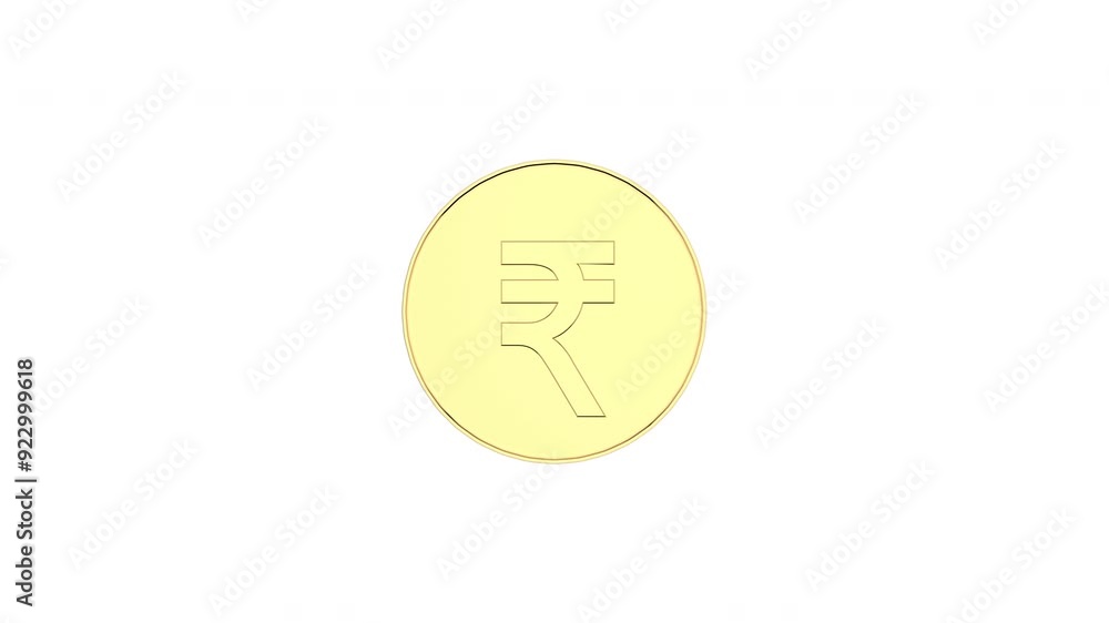 Poster 3d animation of shiny golden indian rupee coin spinning and rotating 360 degrees isolated on a white