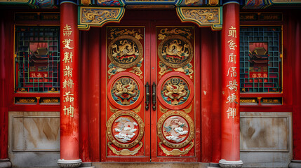 Obraz premium Close-up of intricate Chinese New Year decorations on a doorway, red and gold colors, paper cuttings and couplets, festive and detailed.
