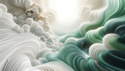 Abstract waves of green and white hues flowing smoothly in a gradient with soft light