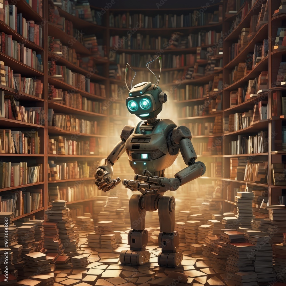 Poster an ai-powered robot librarian organizing a vast digital library, symbolizing knowledge management th