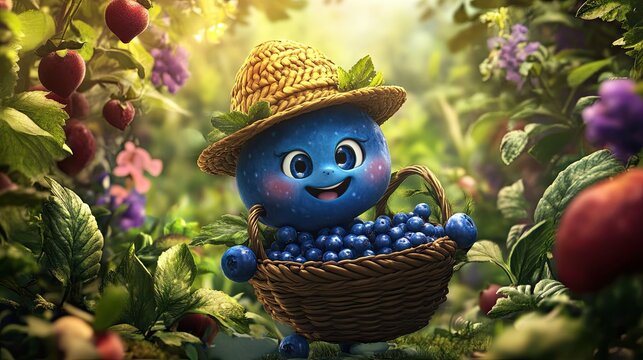 A happy cartoon blueberry with a little hat, holding a basket of tiny berries, in a lush garden scene.