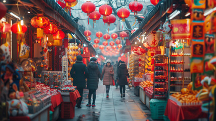 Fototapeta premium Bustling Chinese New Year street market, vibrant stalls with traditional goods, colorful decorations and lanterns.