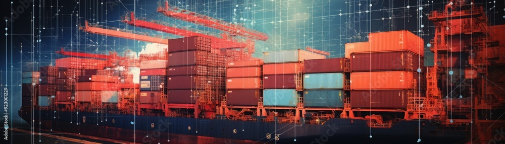 Poster a layered image of a ship s deck with cargo containers, overlaid with a map of the trade routes it t