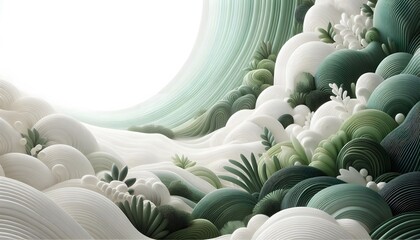 Abstract waves of green and white hues flowing smoothly in a gradient with soft light