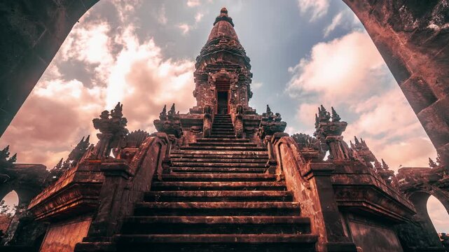 Bajra Sandhi or Monumen Taman Mumbul monument to the struggle for independence in the rays of the rising sun. Bali, Indonesia. 4K Aerial view