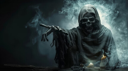 A hooded grim reaper extends a skeletal hand in a smoky, dark environment, illuminated by a single candle, evoking fear and death. Concept: mortality