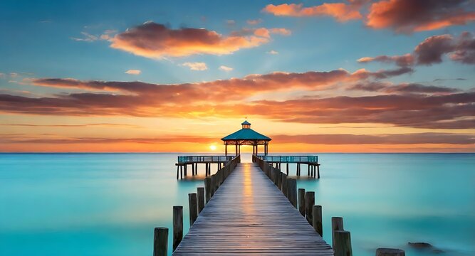 Fototapeta Wooden pier with gazebo, sunset sky  ideal for travel brochures, vacation websites, or blog posts about coastal destinations. 