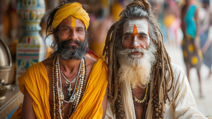 Portrait of Two Spiritual Men in Traditional Attire at a Colorful Temple

