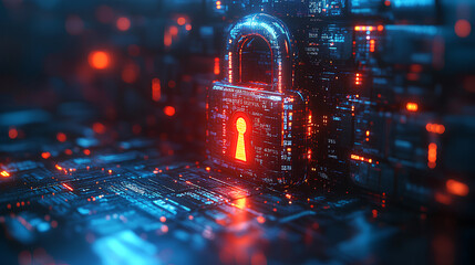 A digital padlock illustration with binary code and futuristic circles on a blue, concept of cybersecurity