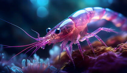 flusskrebs, garnele, meeresfr&uuml;chte, crustacean, krabbe, neon, gl&uuml;hend, lila, violet, farbe, wasser, unter, t&uuml;rkis, leuchtend, neu, close up, y2k, design, durchsichtig, pink, schwimmend, ad