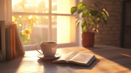 Radiant 3D abstract art showcasing a peaceful morning with coffee, a book, and warm sunlight