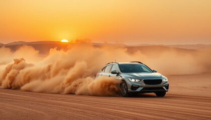 Rugged SUV Drifting Through Desert Sand Dunes at Sunset with Clouds of Dust and Intense Motion in Off-Road Adventure Scene