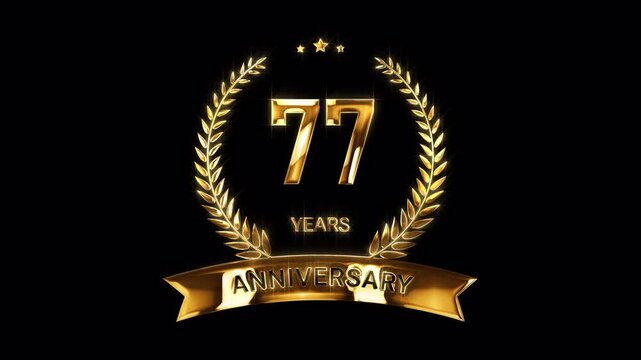77th Anniversary Celebration. Happy 77 Years Anniversary Animation in Gold Color on the Transparent Background, Alpha Channel. Great for greetings, celebrations, events, and gifts.
