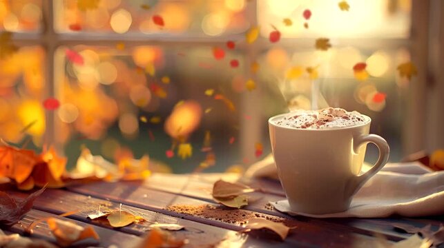 A mug of spiced latte with autumn background. Looping 4k video animation background
