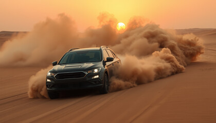 Rugged SUV Drifting Through Desert Sand Dunes at Sunset with Clouds of Dust and Intense Motion in Off-Road Adventure Scene