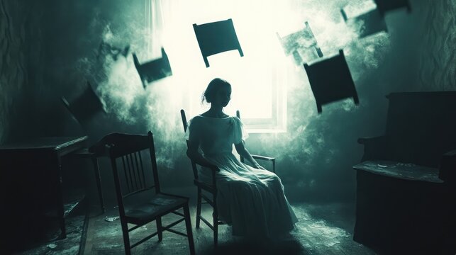 Ghostly woman with poltergeist abilities, chairs and tables floating around her, supernatural and haunting