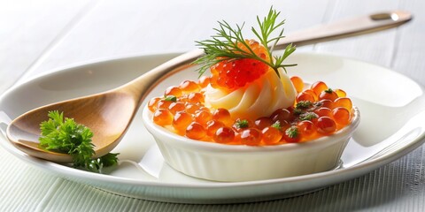 Delicate spoon rests on rich salmon caviar-topped cr&egrave;me br&ucirc;l&eacute;e, garnished with fresh dill and microgreens, on a elegant white plate.