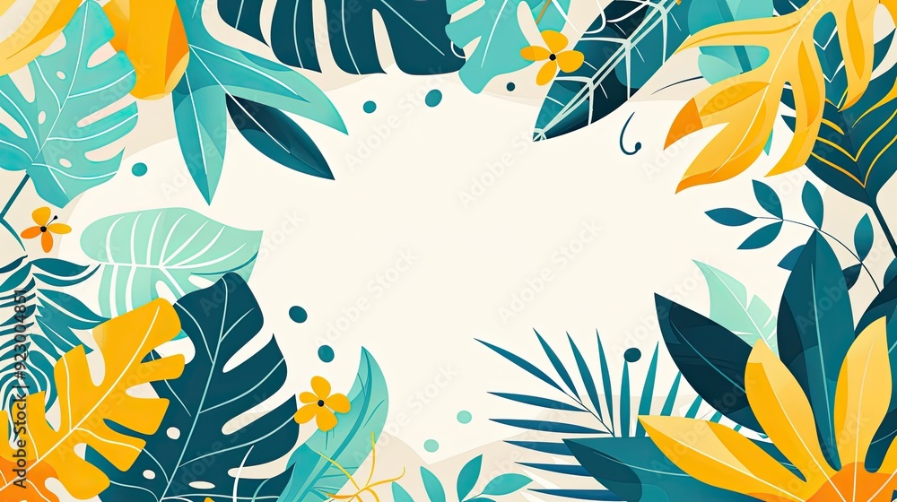 Wall mural A flat vector background with tropical leaves and geometric shapes, featuring bright blue, green, yellow colors on an off-white backdrop. 