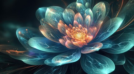 Stunning digital flower in fractal patterns, glowing with iridescent hues, representing growth and artistry