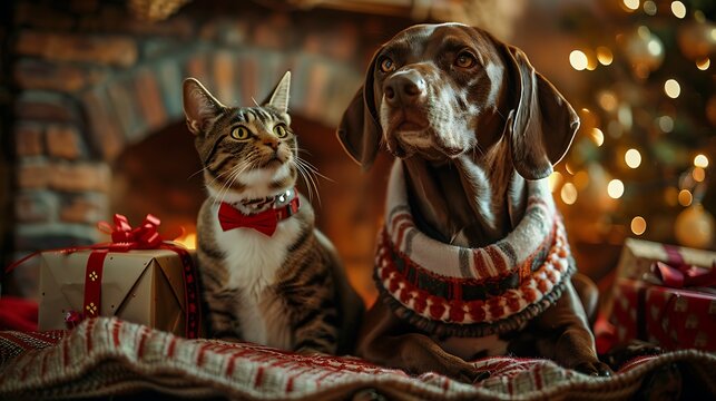 Branston the pointer and max the cat in clothes are patiently awaiting the arrival of presents