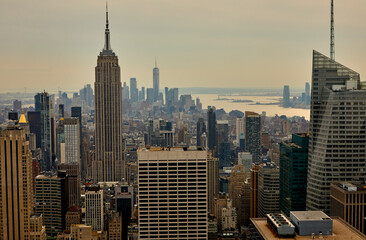 City skyline of New York City from a high angle with many skyscrapers and tall buildings in New York USA
