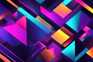 "Vibrant geometric shapes overlapping in various layers, with bright neon colors and a metallic sheen, creating an abstract background."
