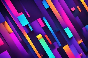 "Vibrant geometric shapes overlapping in various layers, with bright neon colors and a metallic sheen, creating an abstract background."