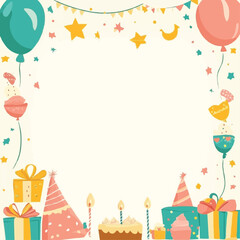 A cute birthday card with balloons gifts and party hats