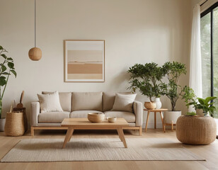 Minimalist living room with sofa, plants, and wooden coffee table.