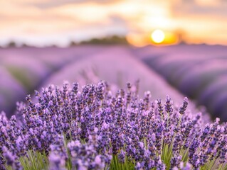 Obraz premium Lavender field at sunset, showcasing vibrant purple flowers under a colorful sky, perfect for nature and beauty themes.