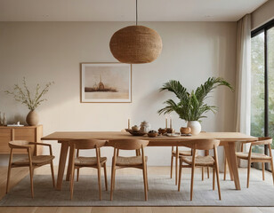 Modern dining room interior with a wooden table and chairs, a woven pendant lamp, and a potted plant.