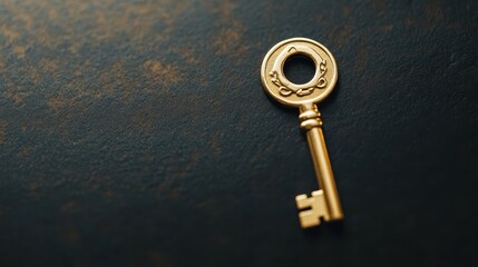A golden key is on a dark surface