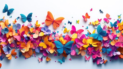 Vivid 3D abstract art with vibrant butterflies, colorful flowers watermark on white background, perfect for A4 cover design